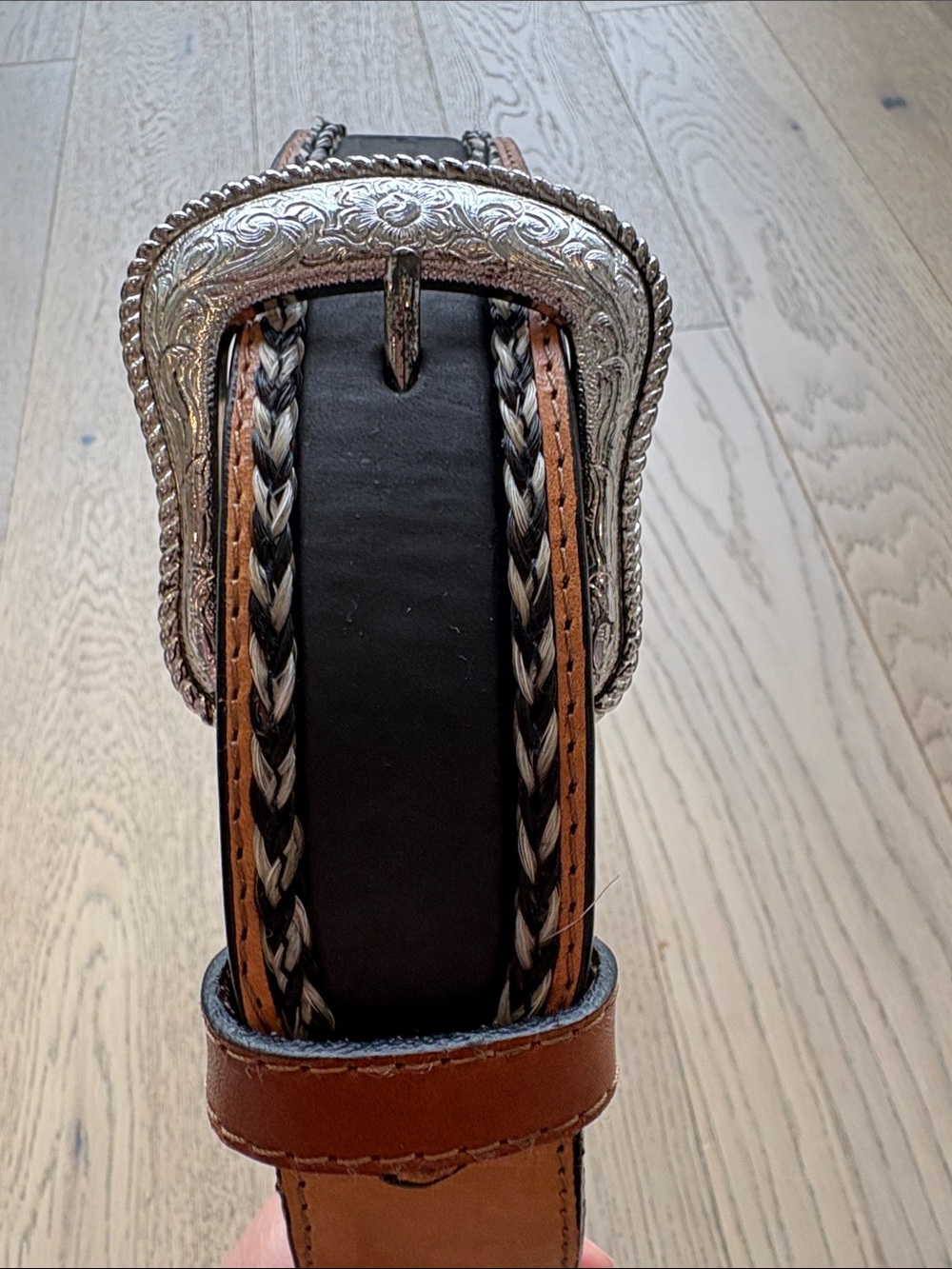 Braided Trim Black and Brown Leather Western Belt with Silver Buckle Size 30